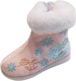 3 to 13 Years Ankle Shoes for Baby Children Warm Cotton Boots Embroidered Boots National Boots (Pink, 11 Little Child)