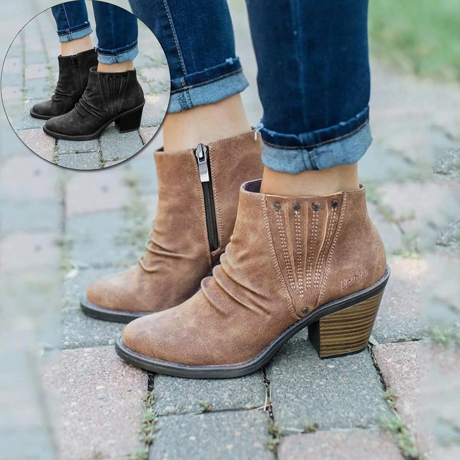 Ankle Booties for Women Low Heel,Rhinestone Ankle Booties Comfy Short Boots Chunky Block Western Shoes