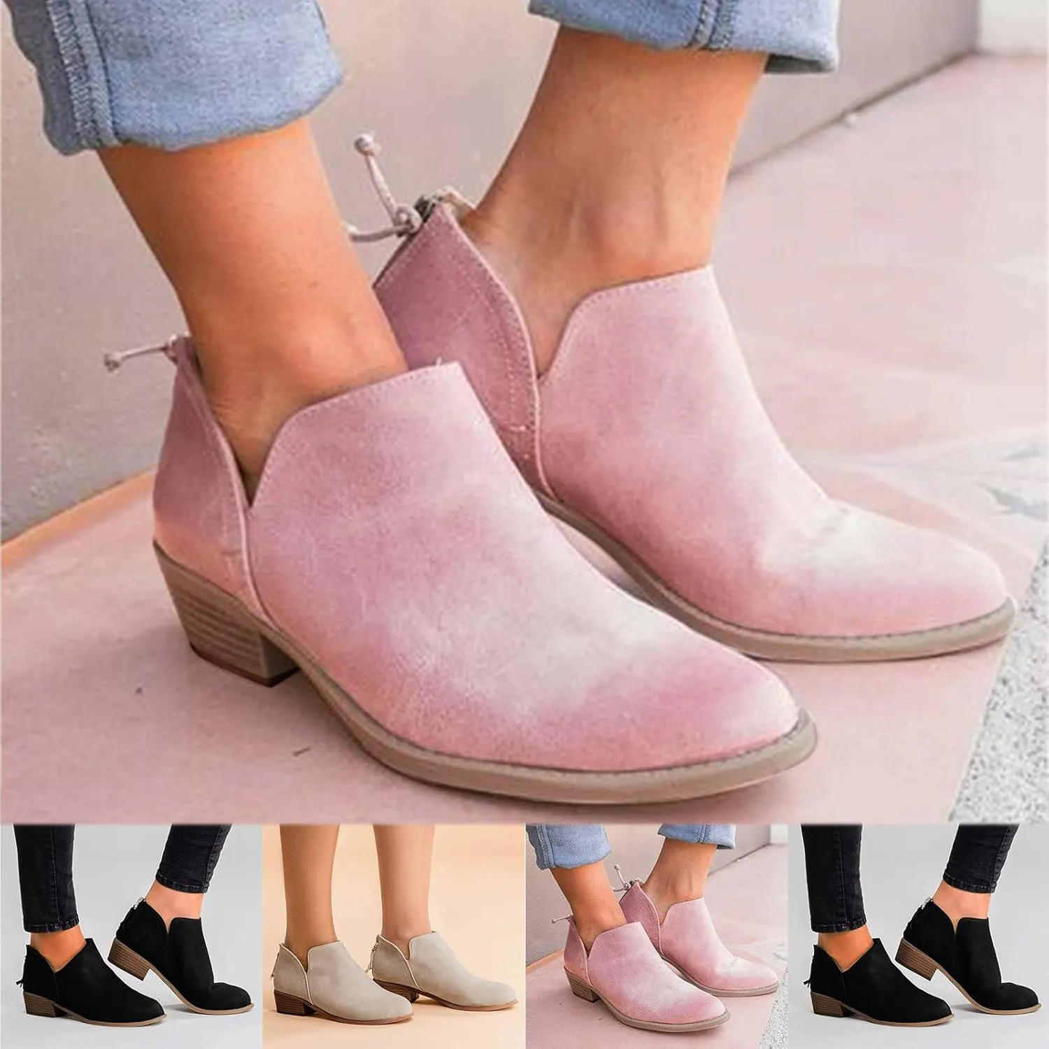 Ankle Booties for Women Low Heel,Rhinestone Ankle Booties Comfy Short Boots Chunky Block Western Shoes
