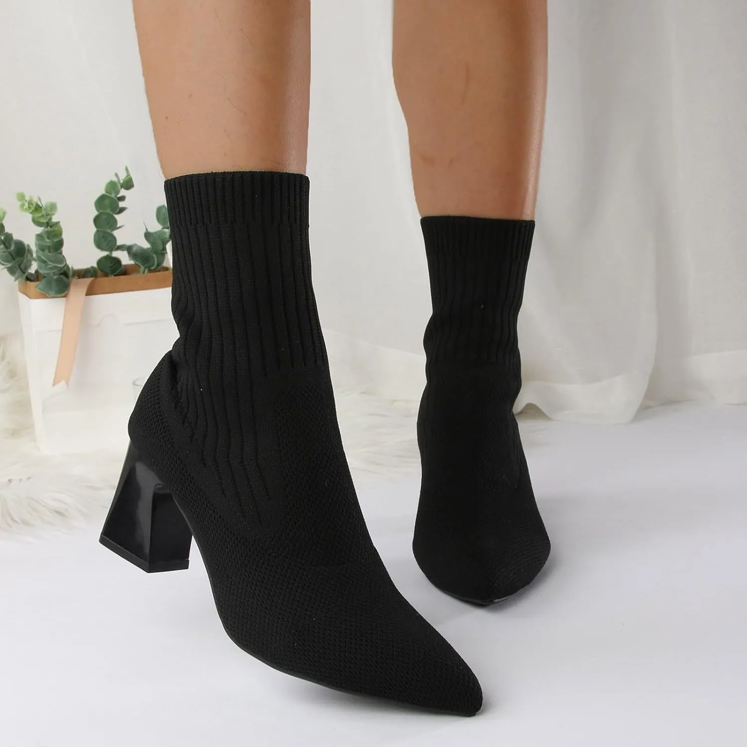 Ankle Boots for Women Comfy Versatile Short Boots Pointed Chunky Heel High Heeled Boots Knit Stretch Sock Boots