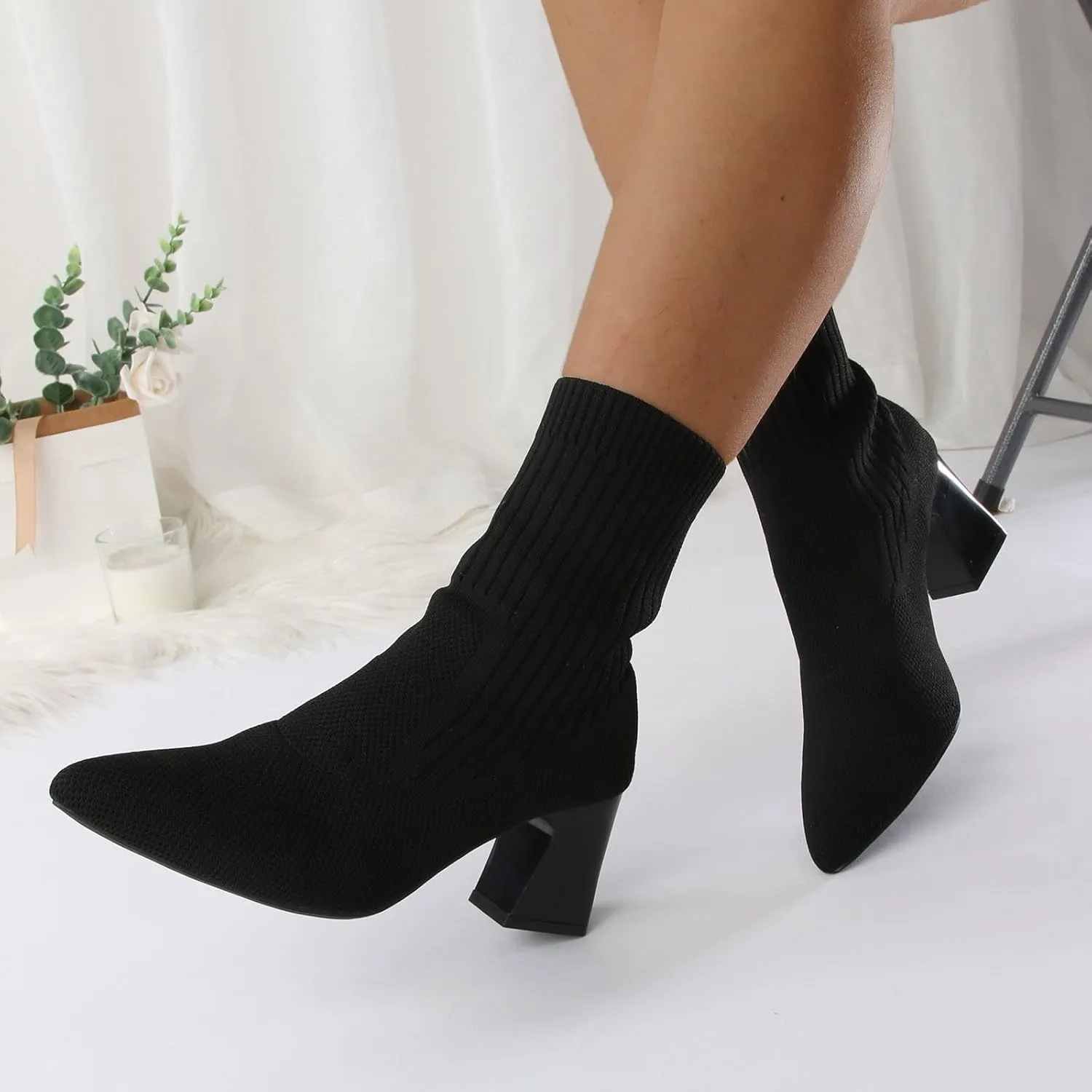 Ankle Boots for Women Comfy Versatile Short Boots Pointed Chunky Heel High Heeled Boots Knit Stretch Sock Boots