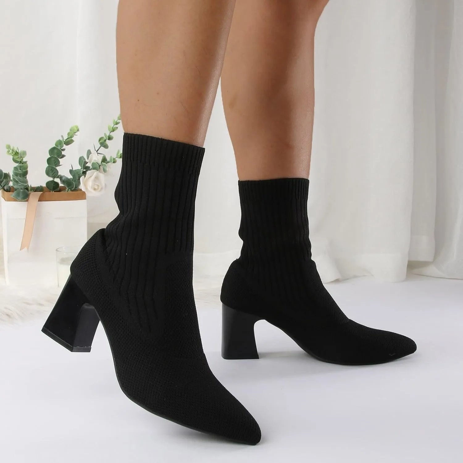 Ankle Boots for Women Comfy Versatile Short Boots Pointed Chunky Heel High Heeled Boots Knit Stretch Sock Boots