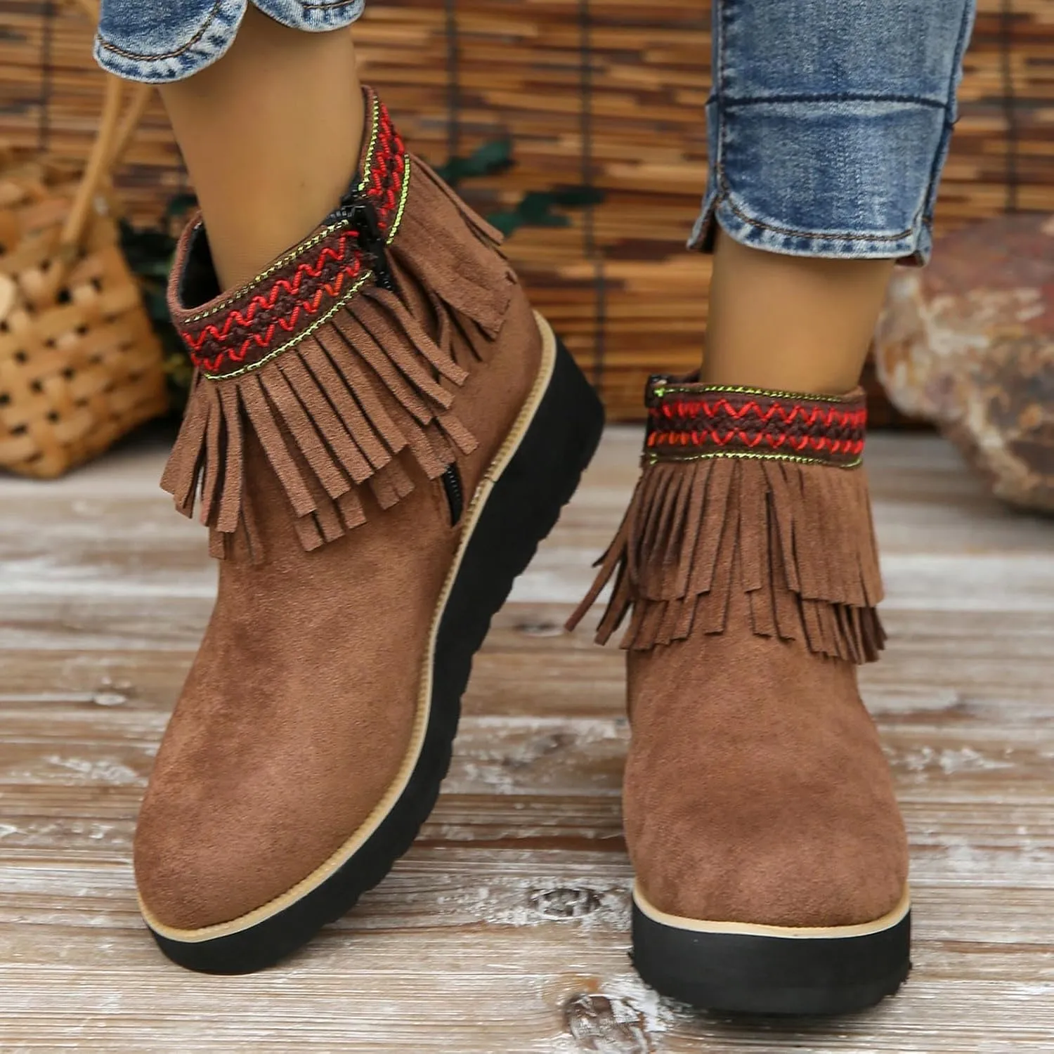 Ankle Boots for Women Comfy Women's Comfortable Soft Sole Thick Slope Heel Fringe Frosted Suede Nude Boots