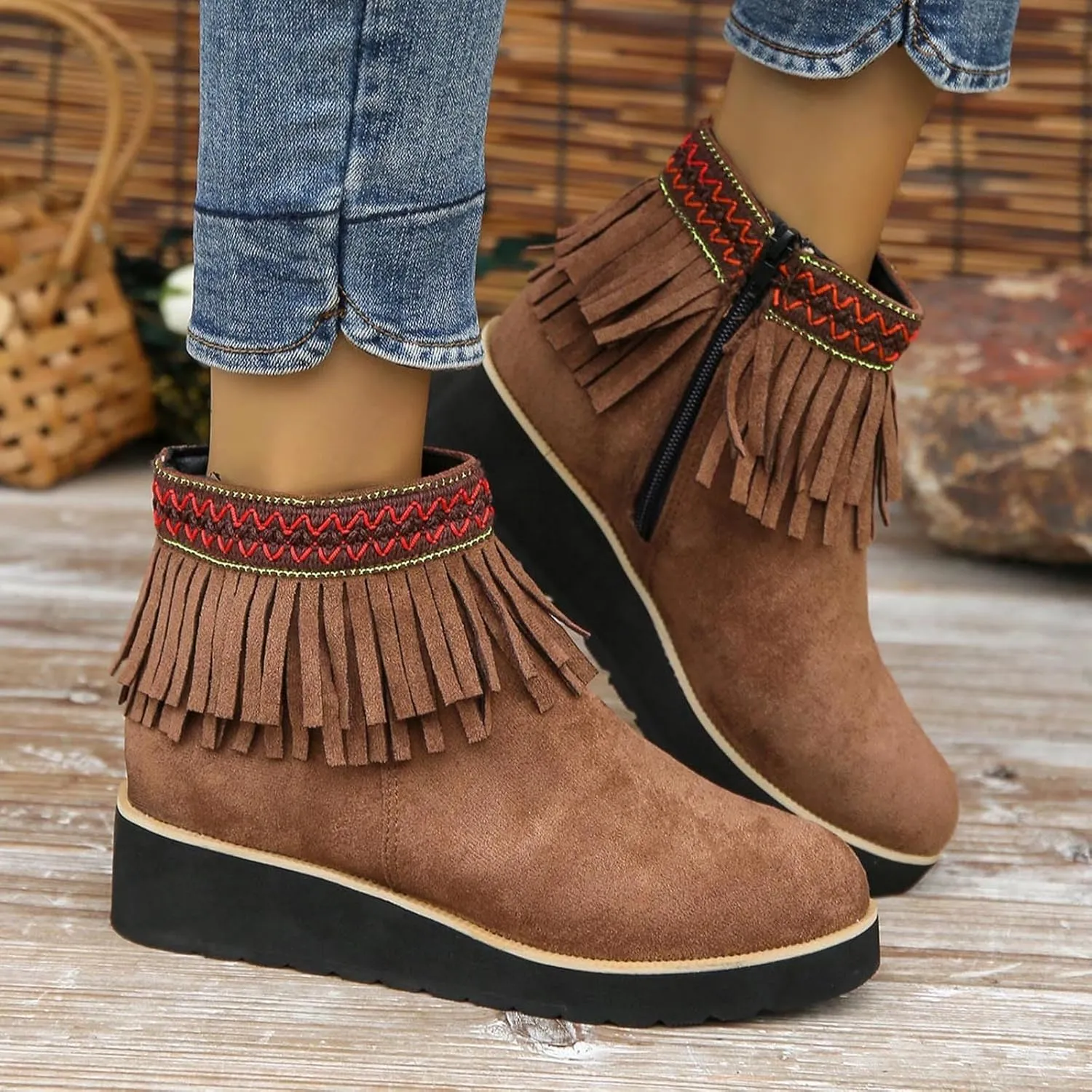 Ankle Boots for Women Comfy Women's Comfortable Soft Sole Thick Slope Heel Fringe Frosted Suede Nude Boots