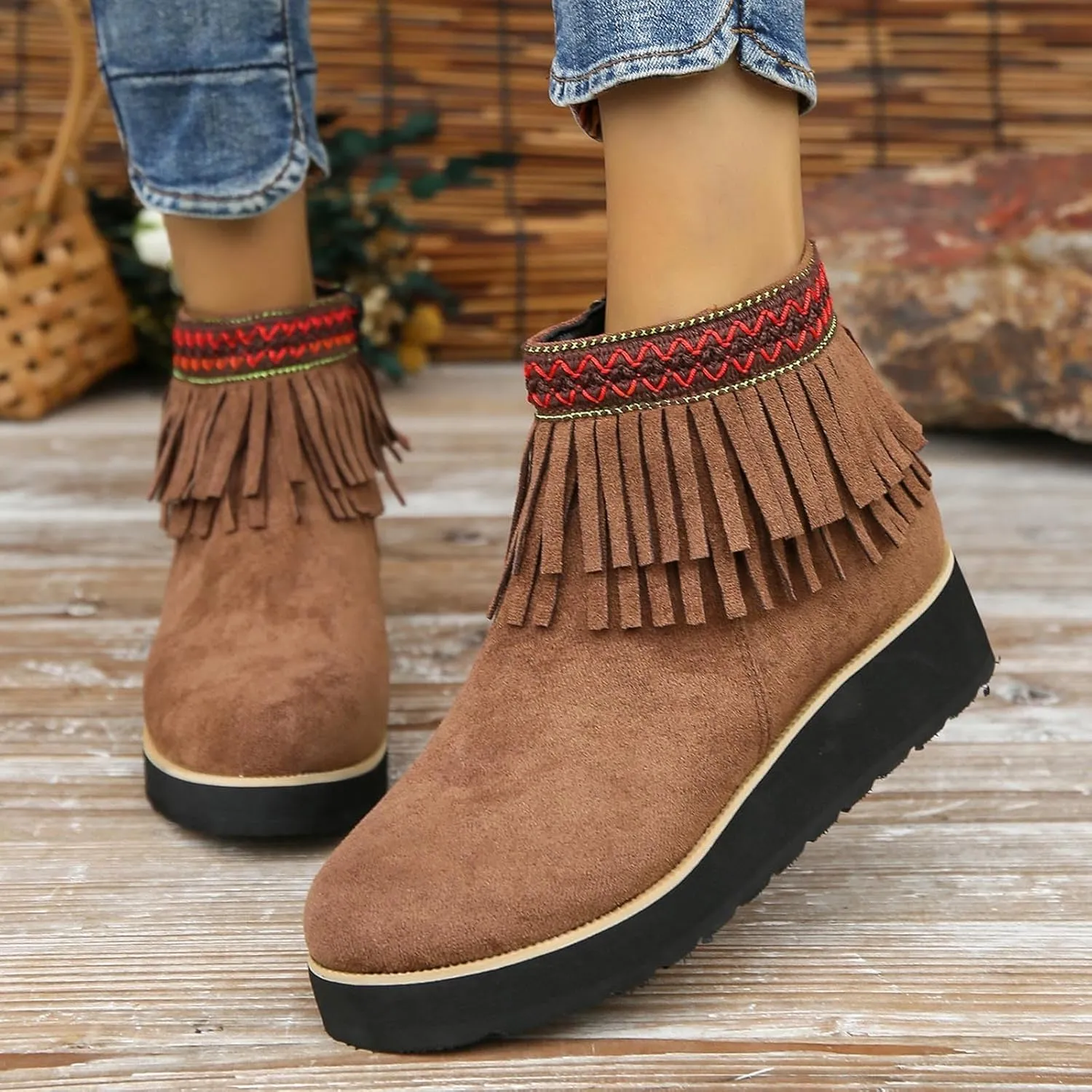 Ankle Boots for Women Comfy Women's Comfortable Soft Sole Thick Slope Heel Fringe Frosted Suede Nude Boots
