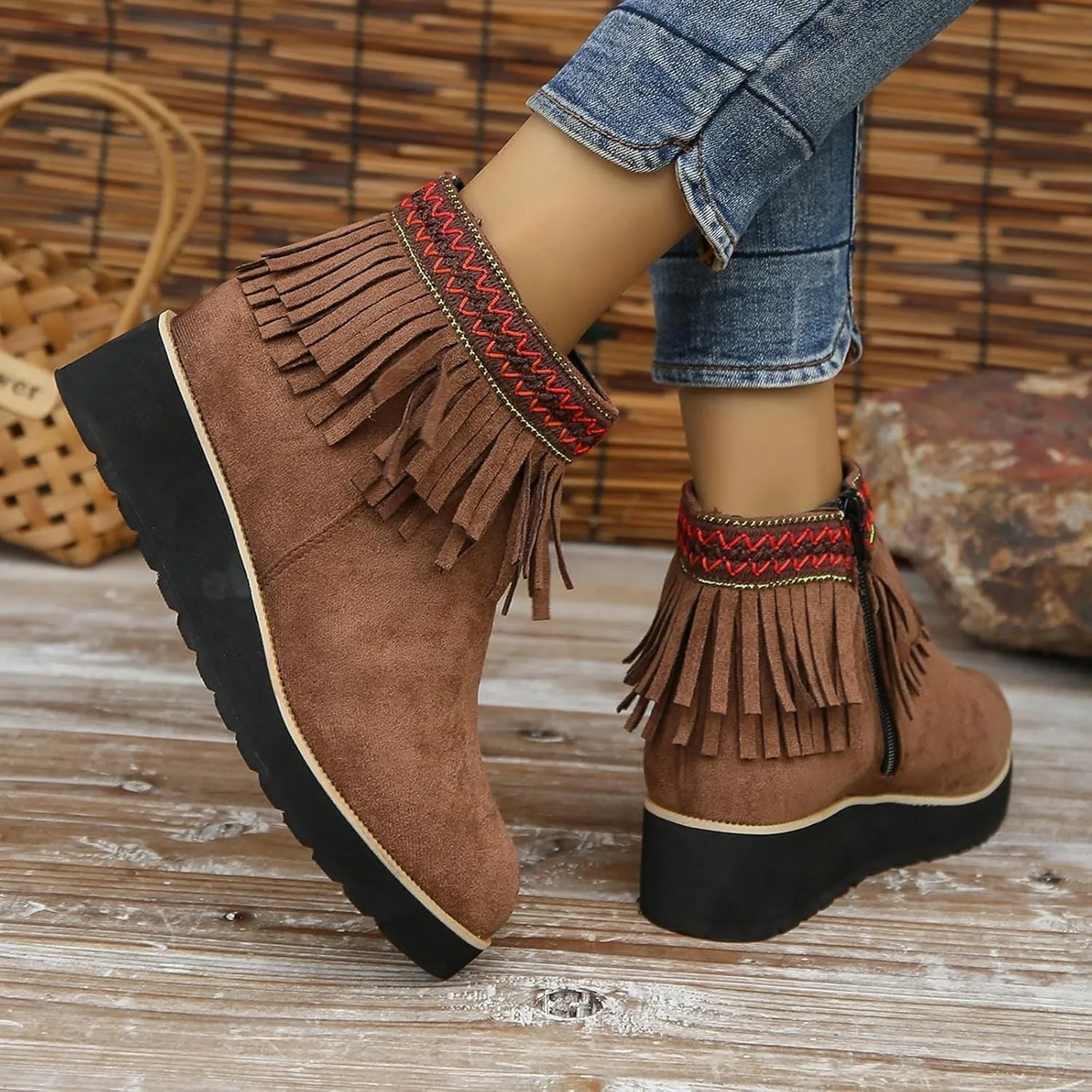 Ankle Boots for Women Comfy Women's Comfortable Soft Sole Thick Slope Heel Fringe Frosted Suede Nude Boots