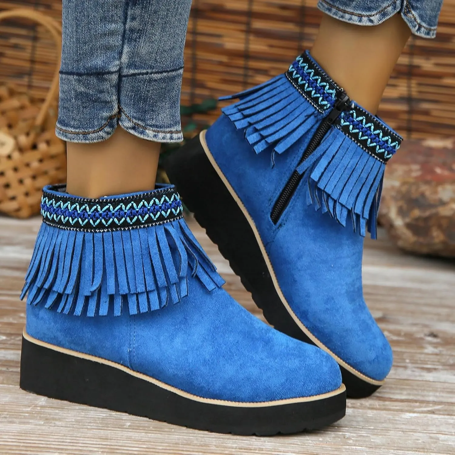 Ankle Boots for Women Comfy Women's Comfortable Soft Sole Thick Slope Heel Fringe Frosted Suede Nude Boots