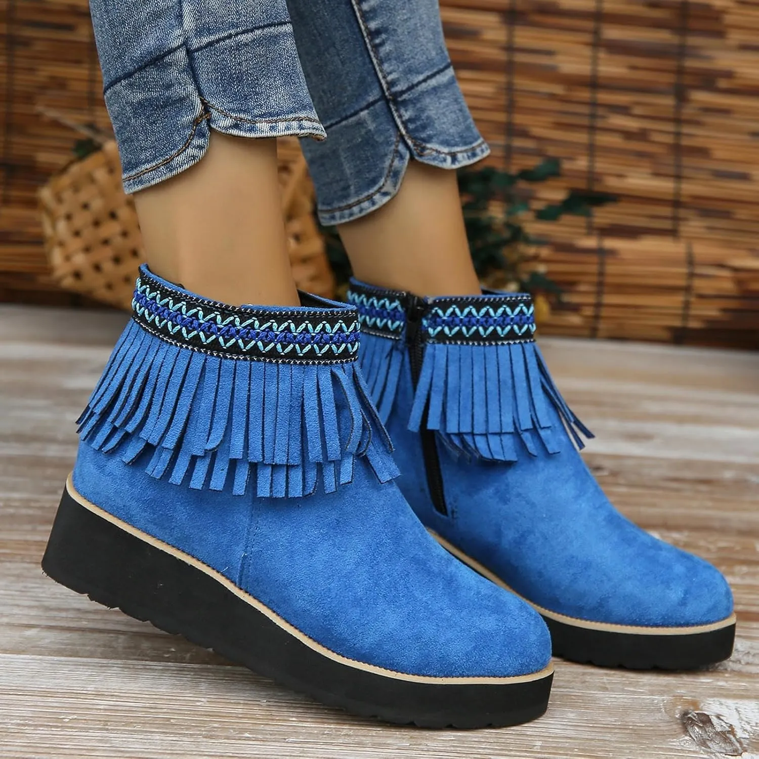 Ankle Boots for Women Comfy Women's Comfortable Soft Sole Thick Slope Heel Fringe Frosted Suede Nude Boots