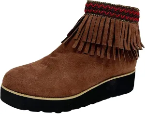 Ankle Boots for Women Comfy Women's Comfortable Soft Sole Thick Slope Heel Fringe Frosted Suede Nude Boots