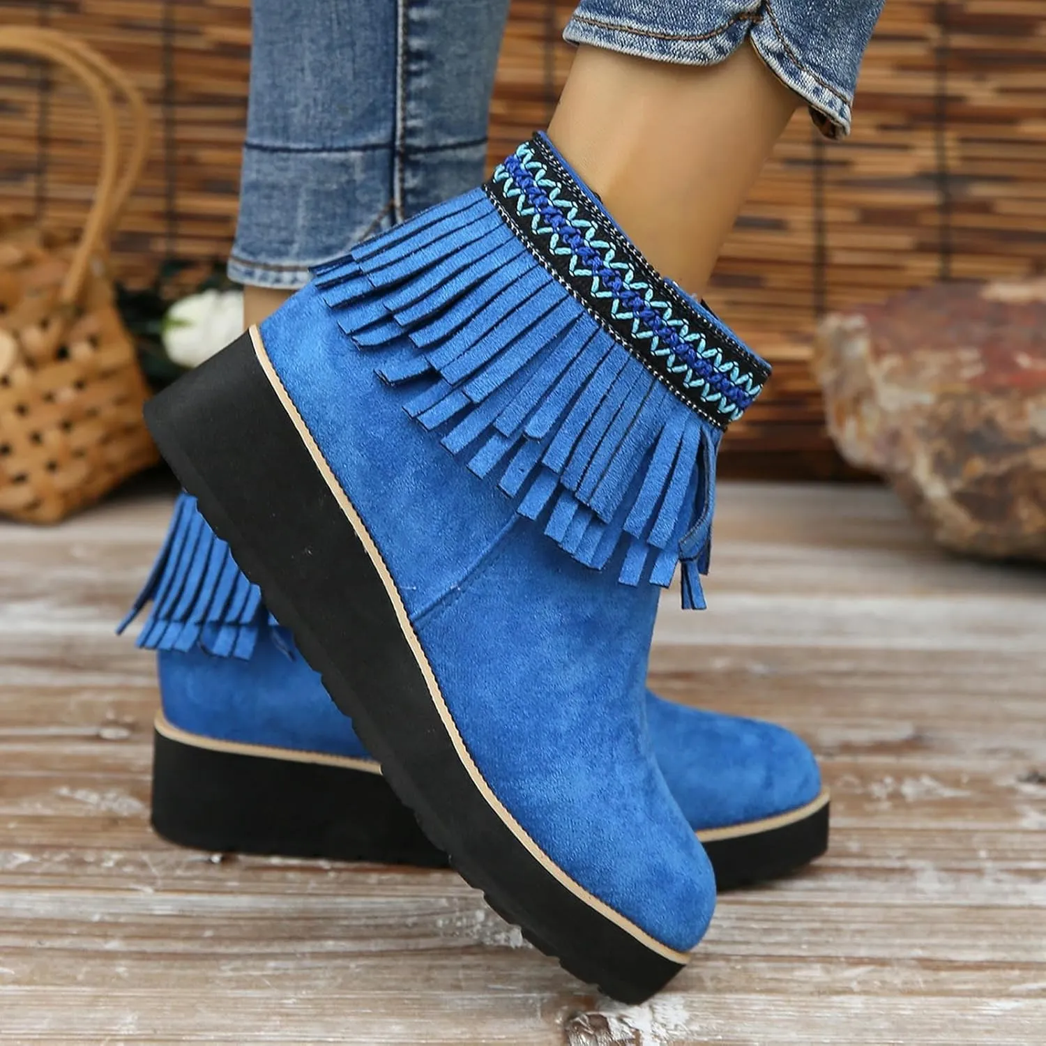 Ankle Boots for Women Comfy Women's Comfortable Soft Sole Thick Slope Heel Fringe Frosted Suede Nude Boots