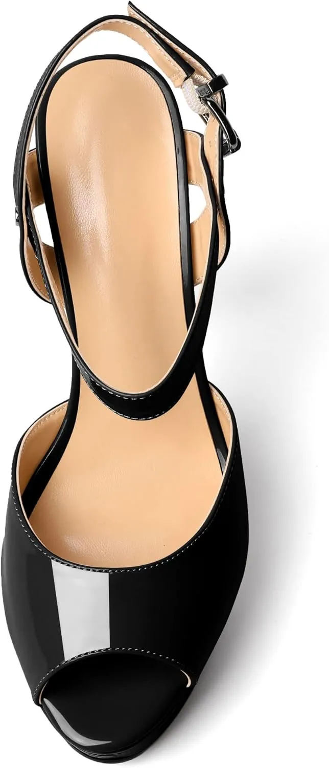 AUMOTED Women's Platform Sandals Stiletto High Heels Peep Toe Sandals Ankle Strap Dating Patent Summer Heels 5.5 Inch Party Sandals