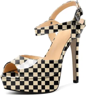 AUMOTED Women's Platform Sandals Stiletto High Heels Peep Toe Sandals Ankle Strap Dating Patent Summer Heels 5.5 Inch Party Sandals