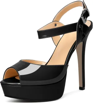 AUMOTED Women's Platform Sandals Stiletto High Heels Peep Toe Sandals Ankle Strap Dating Patent Summer Heels 5.5 Inch Party Sandals