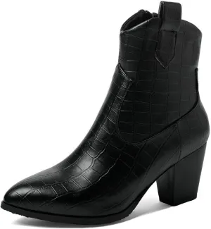 AUNTHUI Women'S Printed Fashion Casual Ankle Boots,Side Zipper Pointed Toe Chunky Heel Boots,Anti-Slip Shock-Absorbing Western Chelsea Ankle Boots