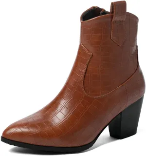 AUNTHUI Women'S Printed Fashion Casual Ankle Boots,Side Zipper Pointed Toe Chunky Heel Boots,Anti-Slip Shock-Absorbing Western Chelsea Ankle Boots