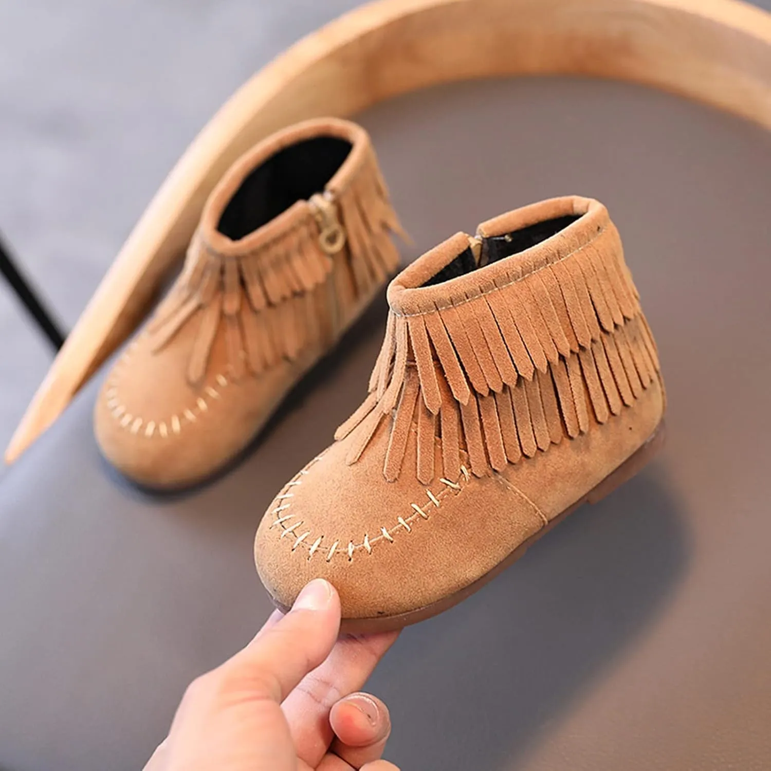 Baby Kids Fashion Girls Winter Ankle Boots Solid Leather Water Proof Zip Up Boots Flat Fringe Tassel Snow Boots