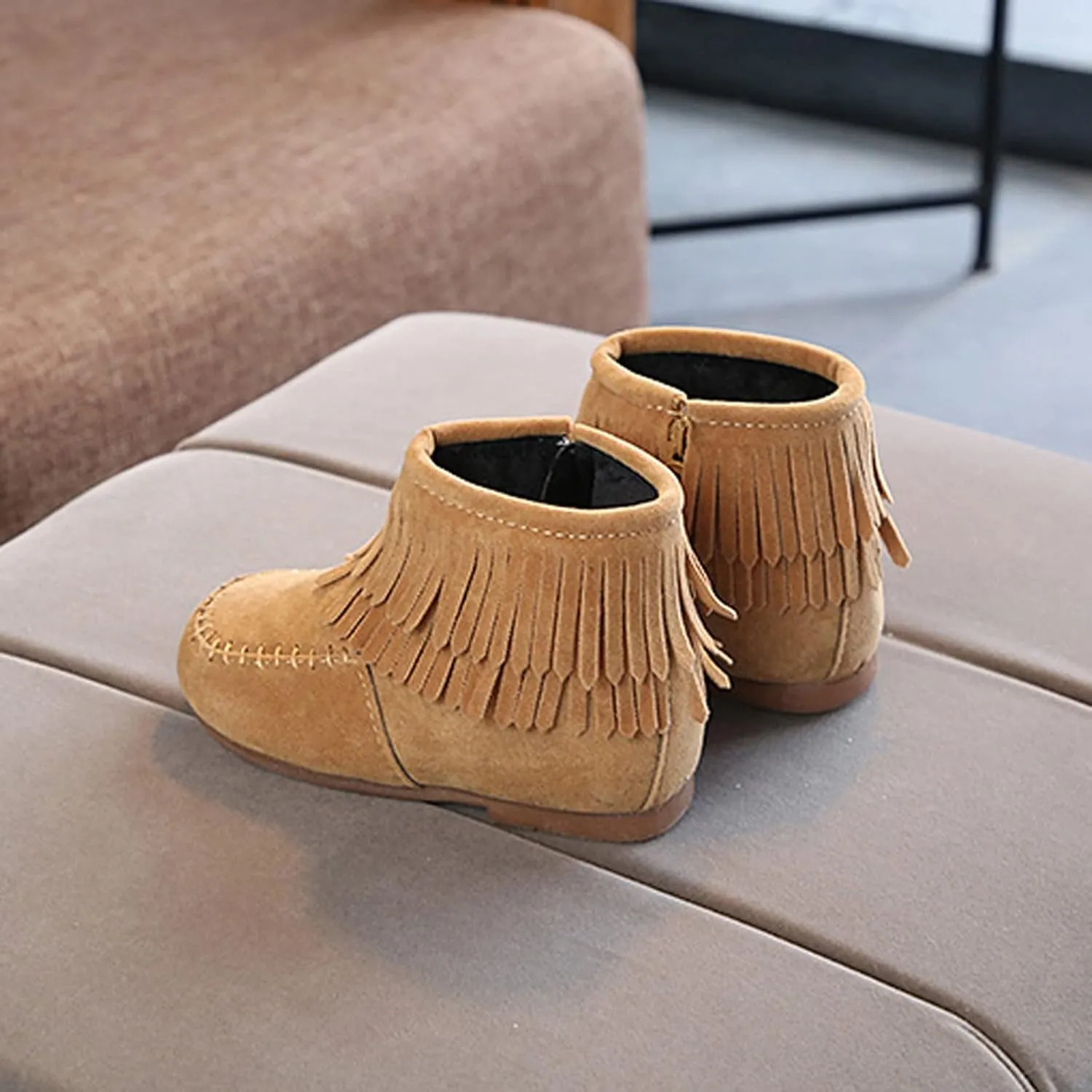 Baby Kids Fashion Girls Winter Ankle Boots Solid Leather Water Proof Zip Up Boots Flat Fringe Tassel Snow Boots