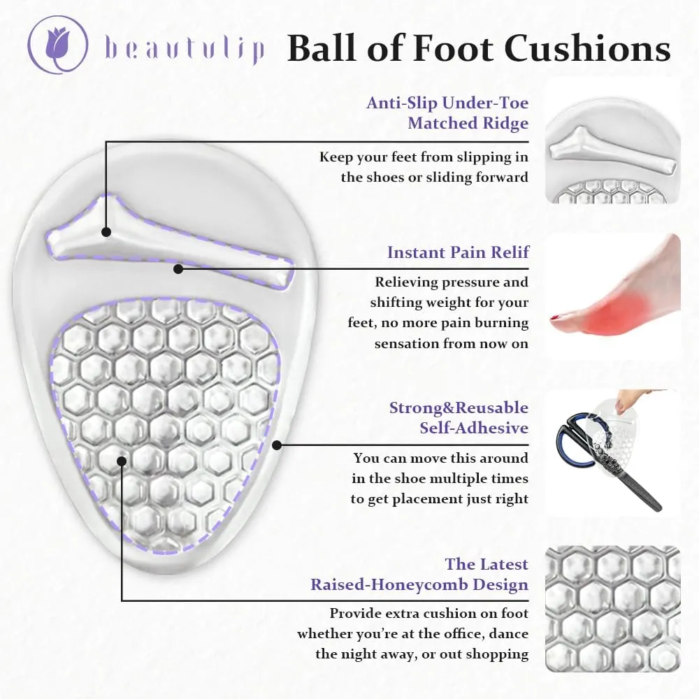 Ball of Foot Cushions Women, Metatarsal Pads, High Heel Comfort Pads, Weight Shifting and Shock Absorbing in Shoes (2 Pairs) (Clear)