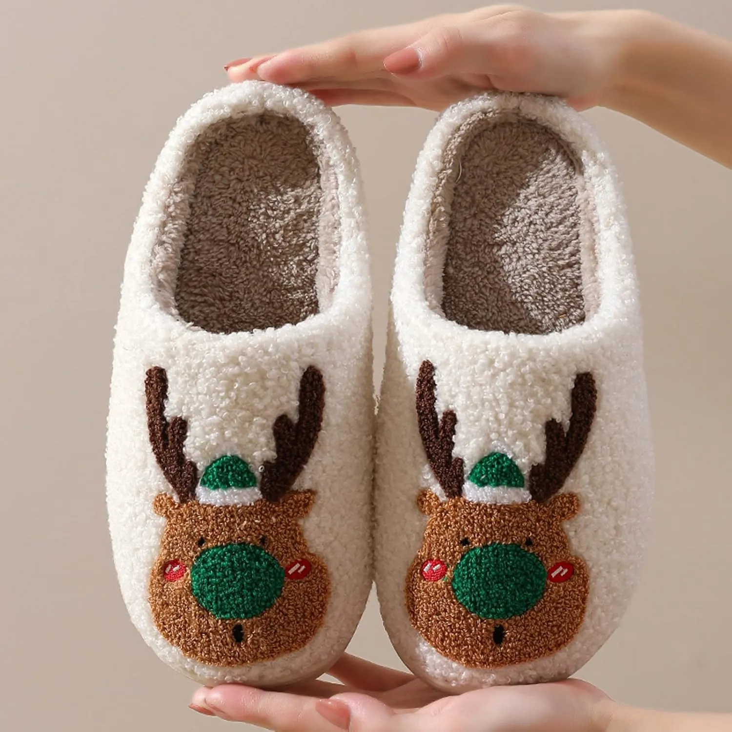 Christmas Reindeer Slippers for Women Indoor and Outdoor Slippers Breathable and Cozy Lightweight Plush Lined Warm Slip-on House Non-slip Shoes