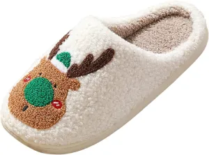 Christmas Reindeer Slippers for Women Indoor and Outdoor Slippers Breathable and Cozy Lightweight Plush Lined Warm Slip-on House Non-slip Shoes