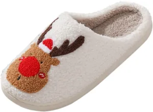 Christmas Reindeer Slippers for Women Indoor and Outdoor Slippers Breathable and Cozy Lightweight Plush Lined Warm Slip-on House Non-slip Shoes