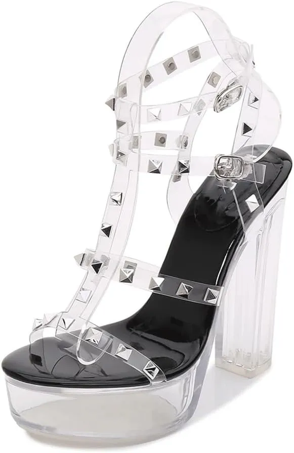 Clear High Heels for Women Womens Sandals Strappy Heels for Women Square Open Toe Chunky High Heels Ankle Strap Heeled Sandals for Women