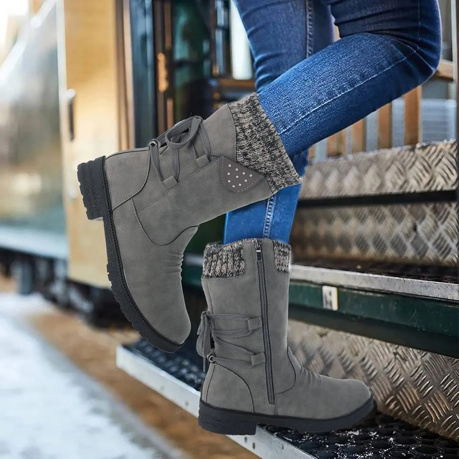 Comfy Wide Width Ankle Boots for Women Warm Comfy Winter Retro Mid-Calf Lace Up Snow Casual Thick Heels Shoes