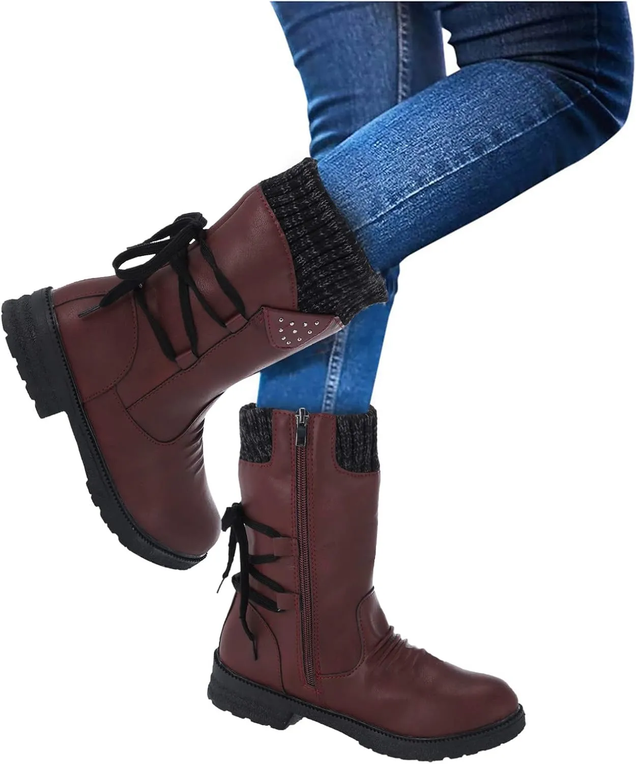 Comfy Wide Width Ankle Boots for Women Warm Comfy Winter Retro Mid-Calf Lace Up Snow Casual Thick Heels Shoes