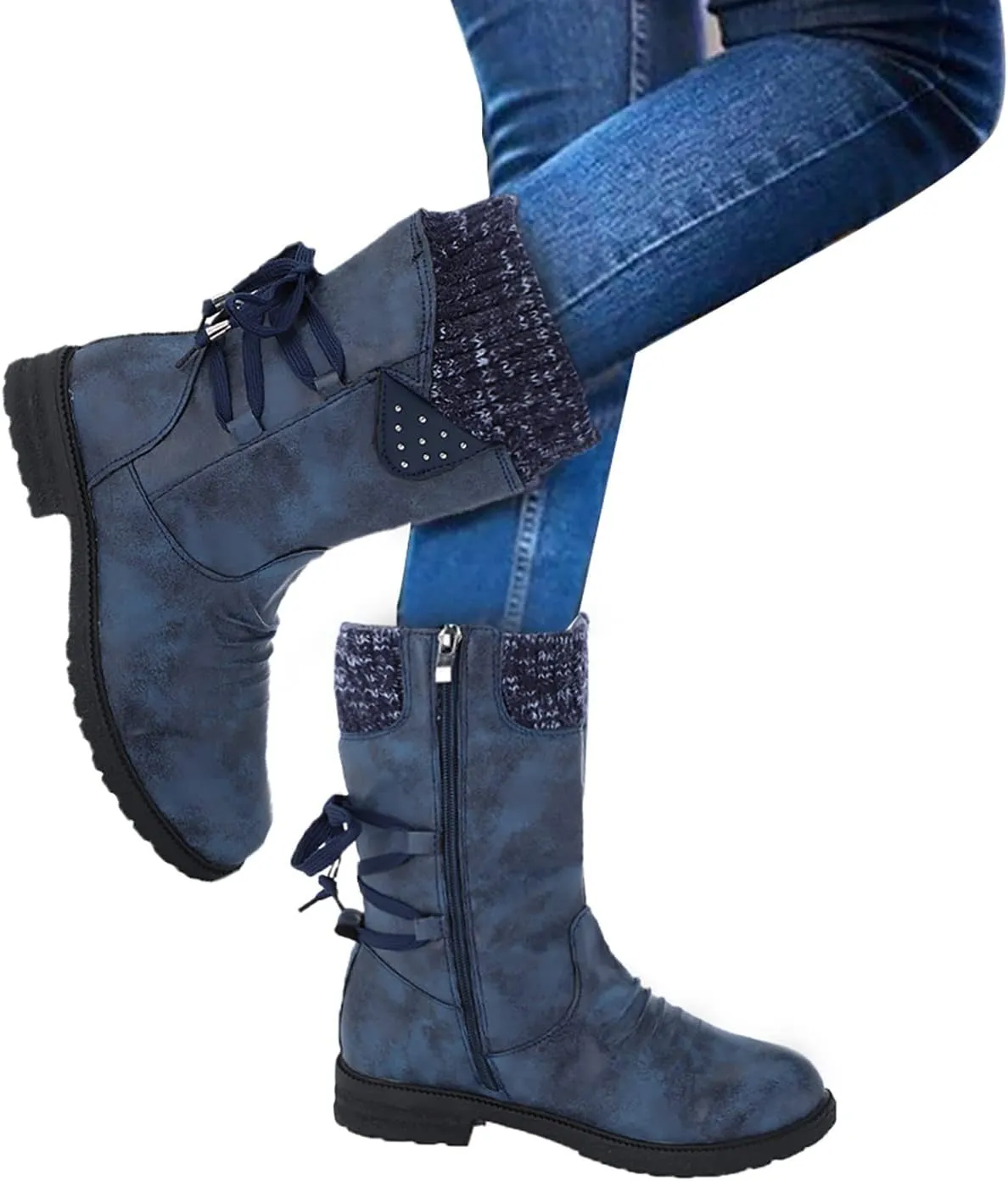 Comfy Wide Width Ankle Boots for Women Warm Comfy Winter Retro Mid-Calf Lace Up Snow Casual Thick Heels Shoes