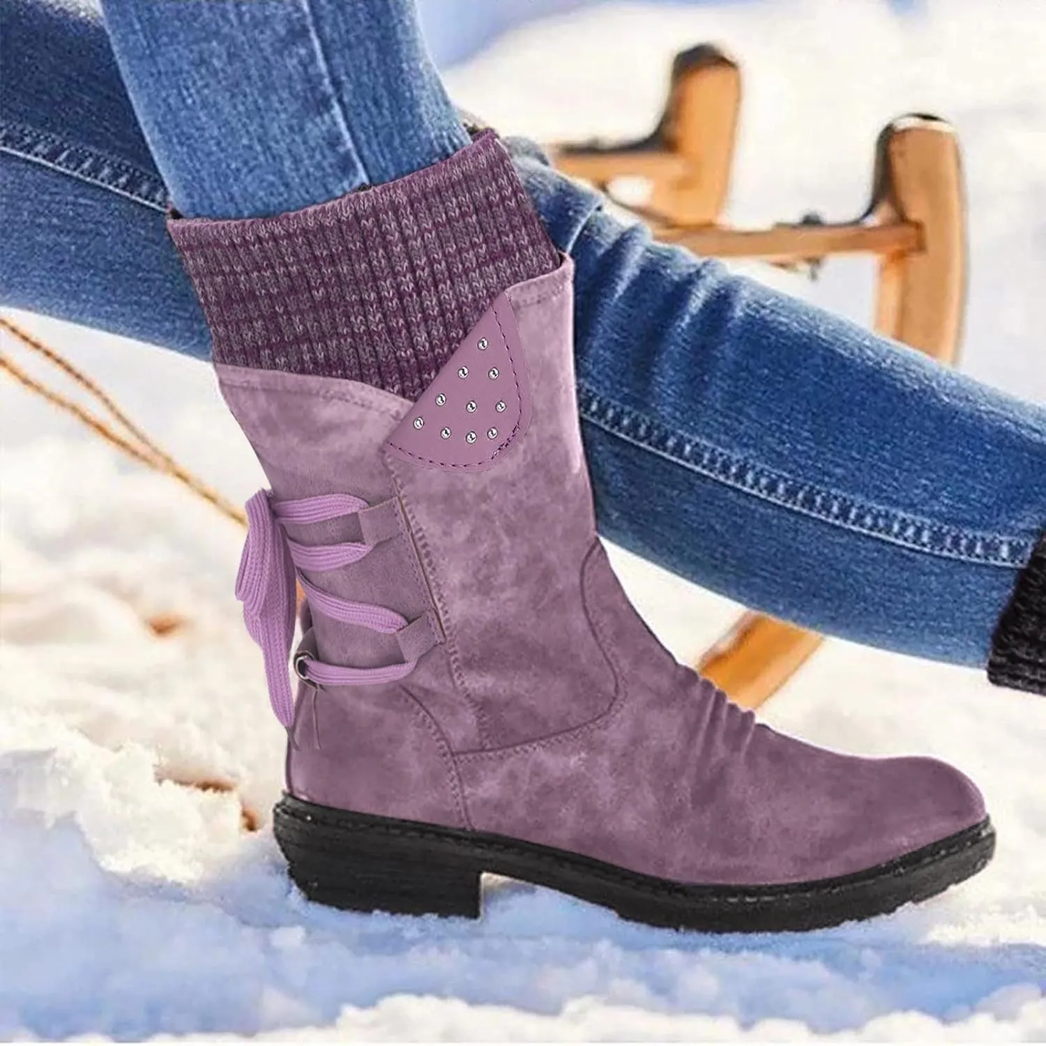 Comfy Wide Width Ankle Boots for Women Warm Comfy Winter Retro Mid-Calf Lace Up Snow Casual Thick Heels Shoes
