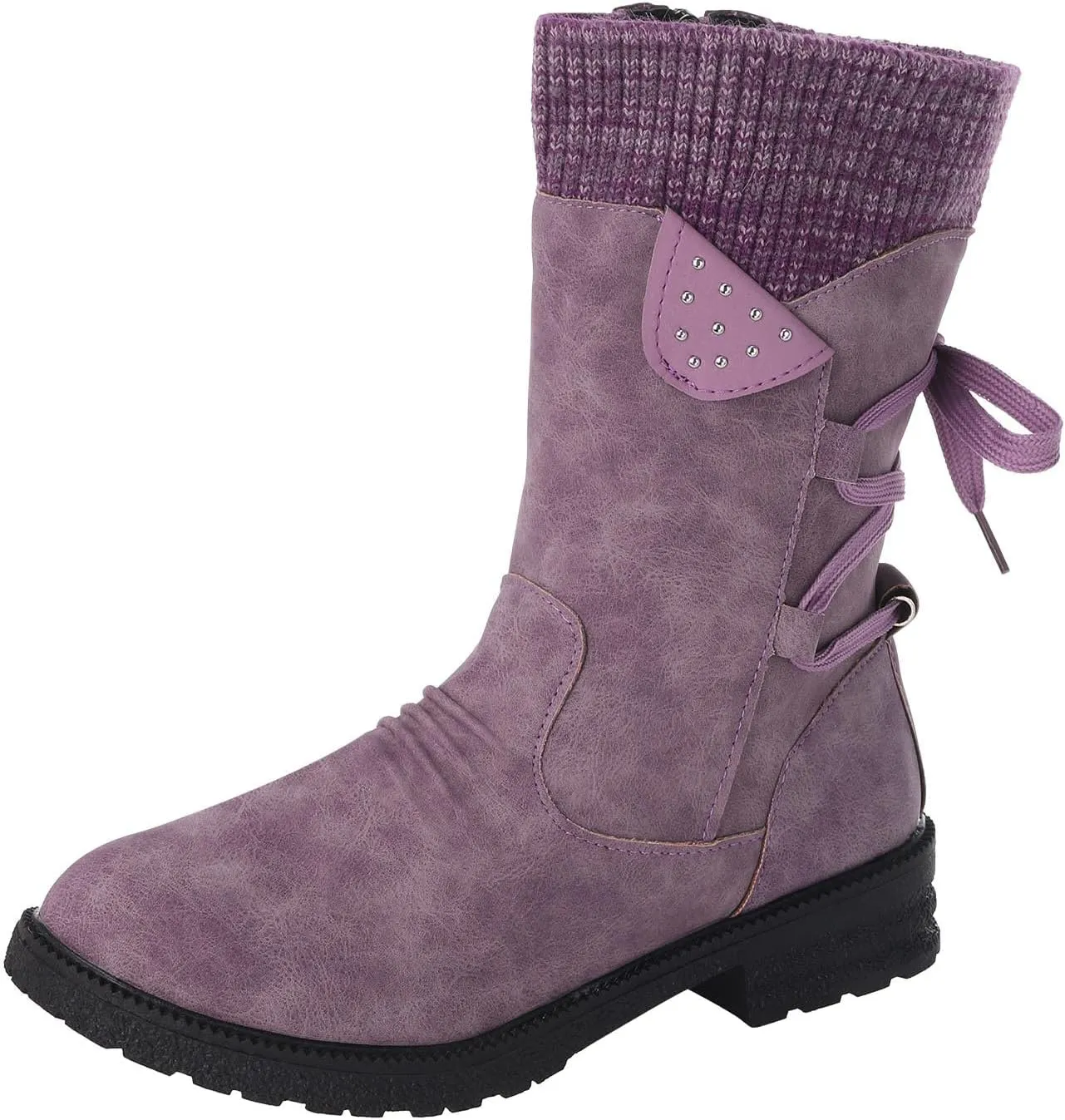 Comfy Wide Width Ankle Boots for Women Warm Comfy Winter Retro Mid-Calf Lace Up Snow Casual Thick Heels Shoes