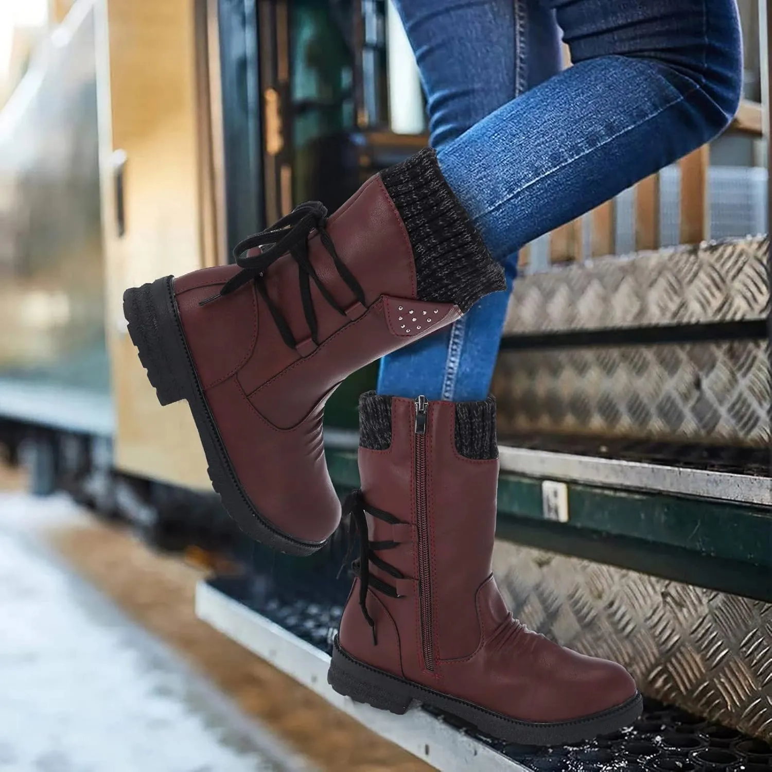 Comfy Wide Width Ankle Boots for Women Warm Comfy Winter Retro Mid-Calf Lace Up Snow Casual Thick Heels Shoes