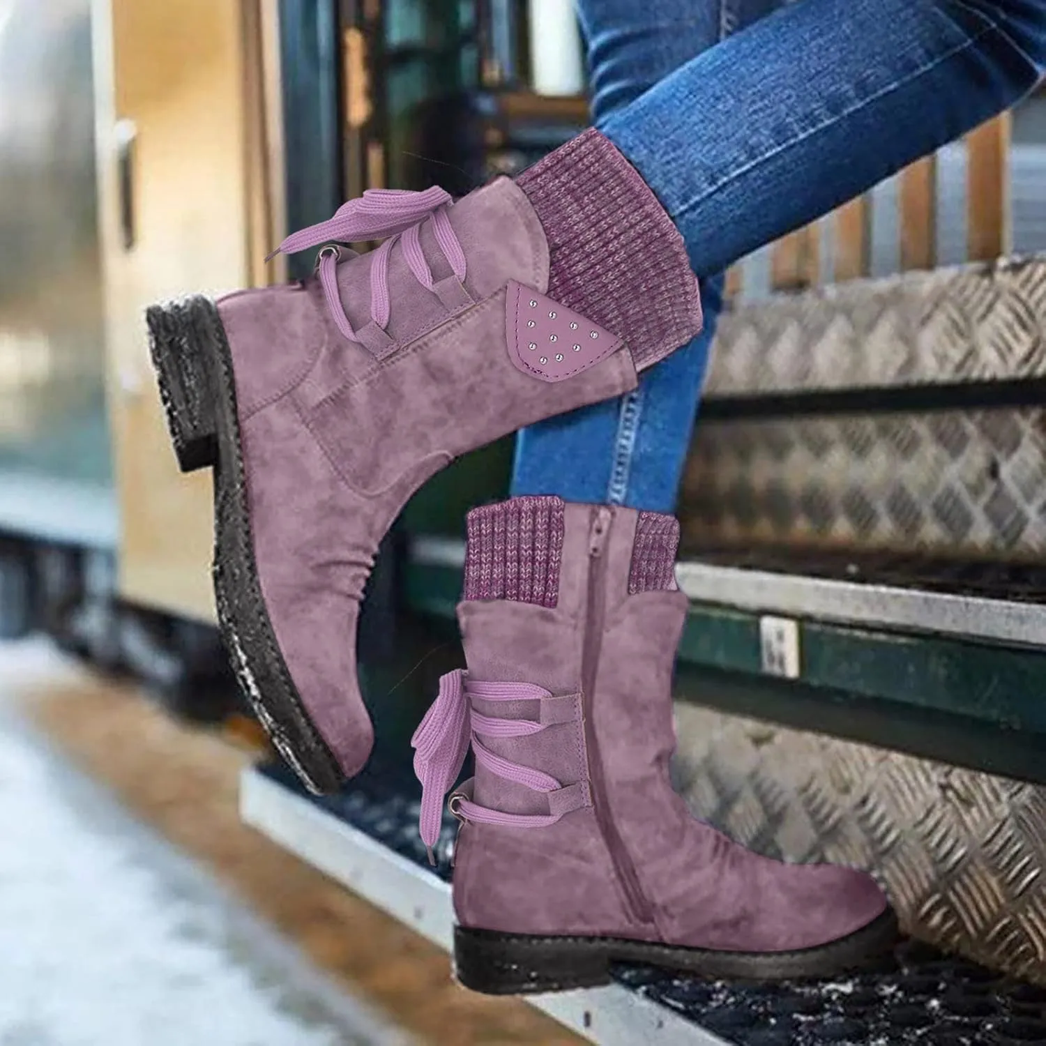 Comfy Wide Width Ankle Boots for Women Warm Comfy Winter Retro Mid-Calf Lace Up Snow Casual Thick Heels Shoes
