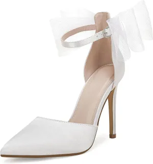 Coutgo Women's Closed Pointed Toe High Heels with Bow Knot Ankle Strap Satin Stiletto Pumps