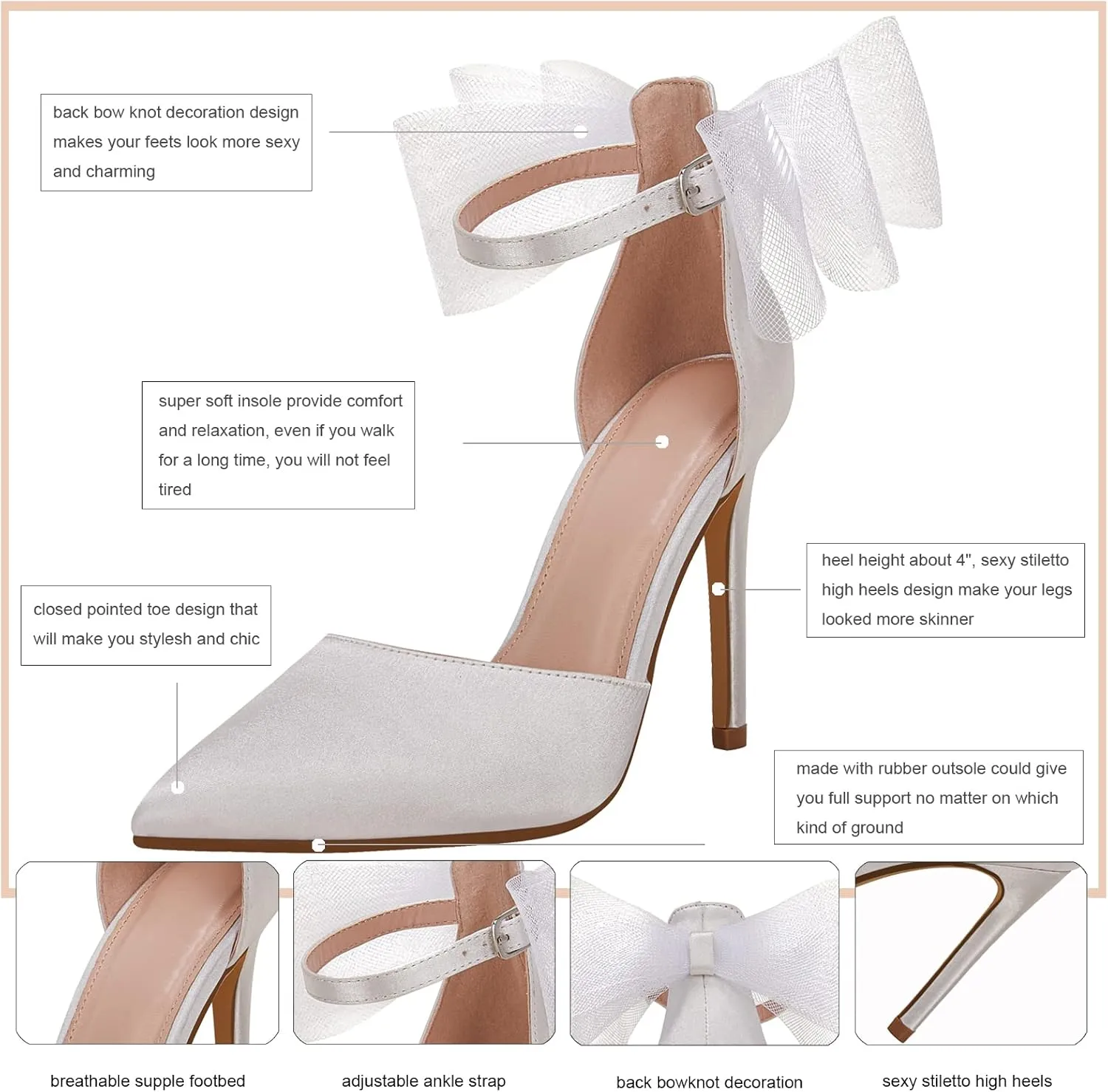 Coutgo Women's Closed Pointed Toe High Heels with Bow Knot Ankle Strap Satin Stiletto Pumps