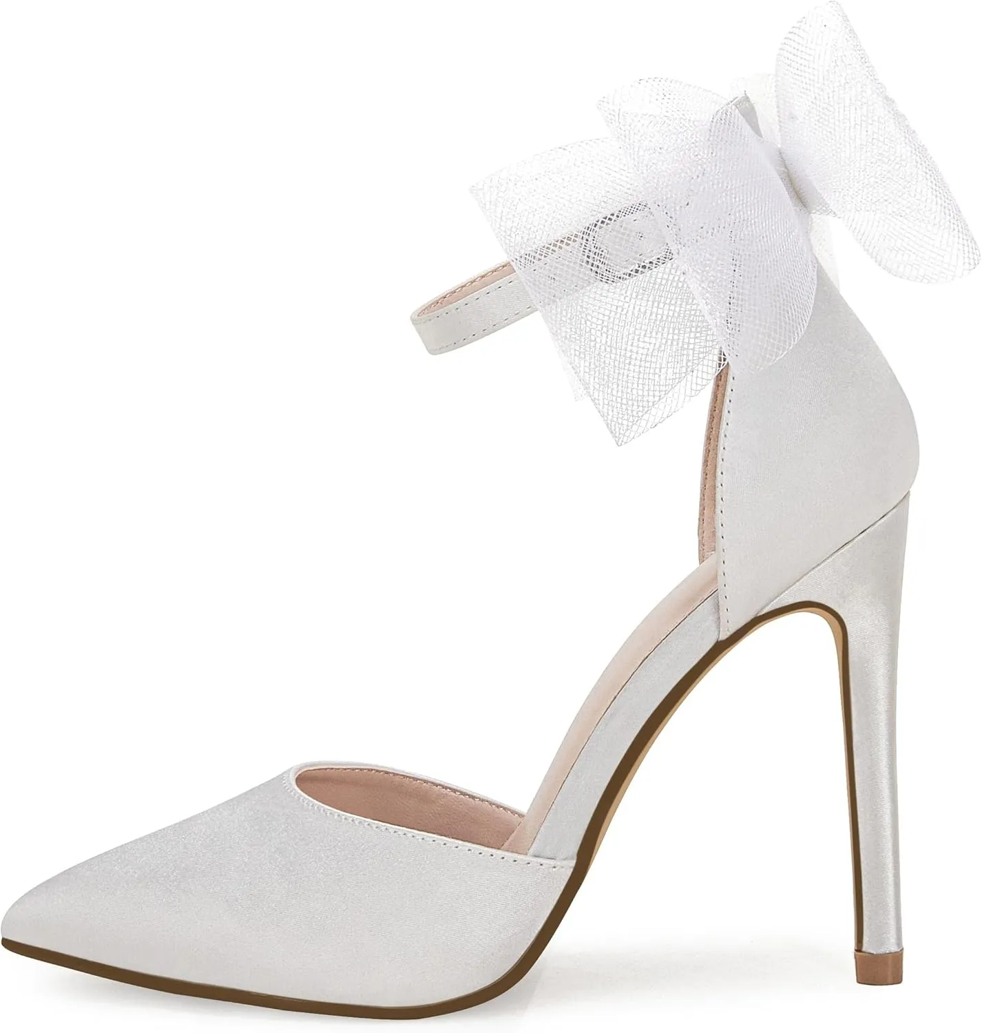Coutgo Women's Closed Pointed Toe High Heels with Bow Knot Ankle Strap Satin Stiletto Pumps