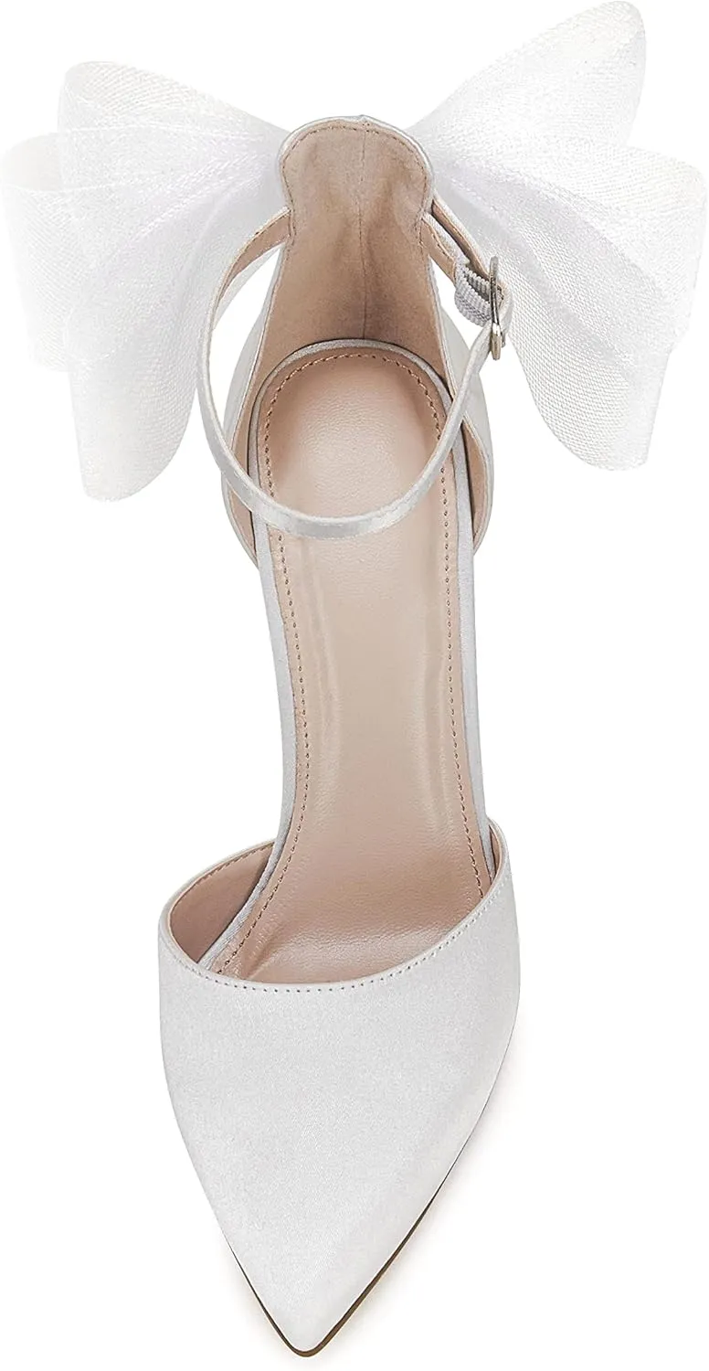 Coutgo Women's Closed Pointed Toe High Heels with Bow Knot Ankle Strap Satin Stiletto Pumps