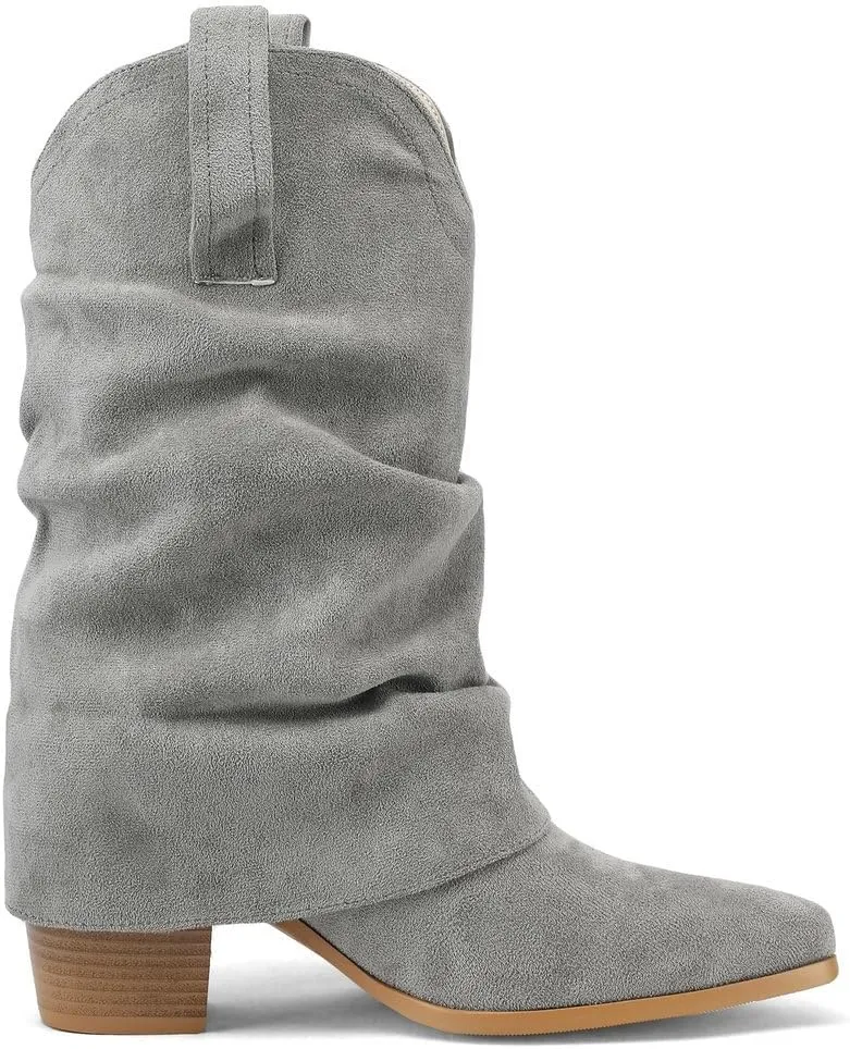 DINTAHA Suede Cowgirl Fold Over Boots Heeled Mid Calf Cowboy Boots For Women