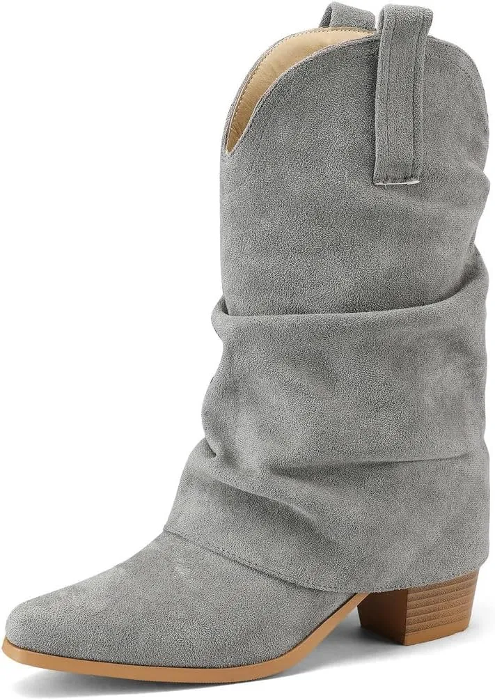 DINTAHA Suede Cowgirl Fold Over Boots Heeled Mid Calf Cowboy Boots For Women