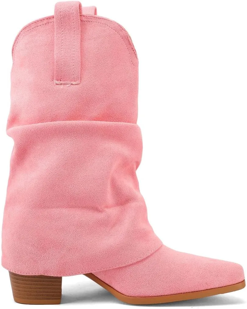 DINTAHA Suede Cowgirl Fold Over Boots Heeled Mid Calf Cowboy Boots For Women