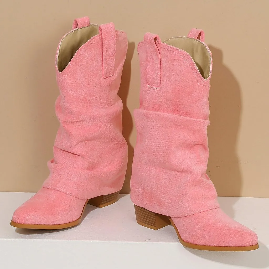 DINTAHA Suede Cowgirl Fold Over Boots Heeled Mid Calf Cowboy Boots For Women