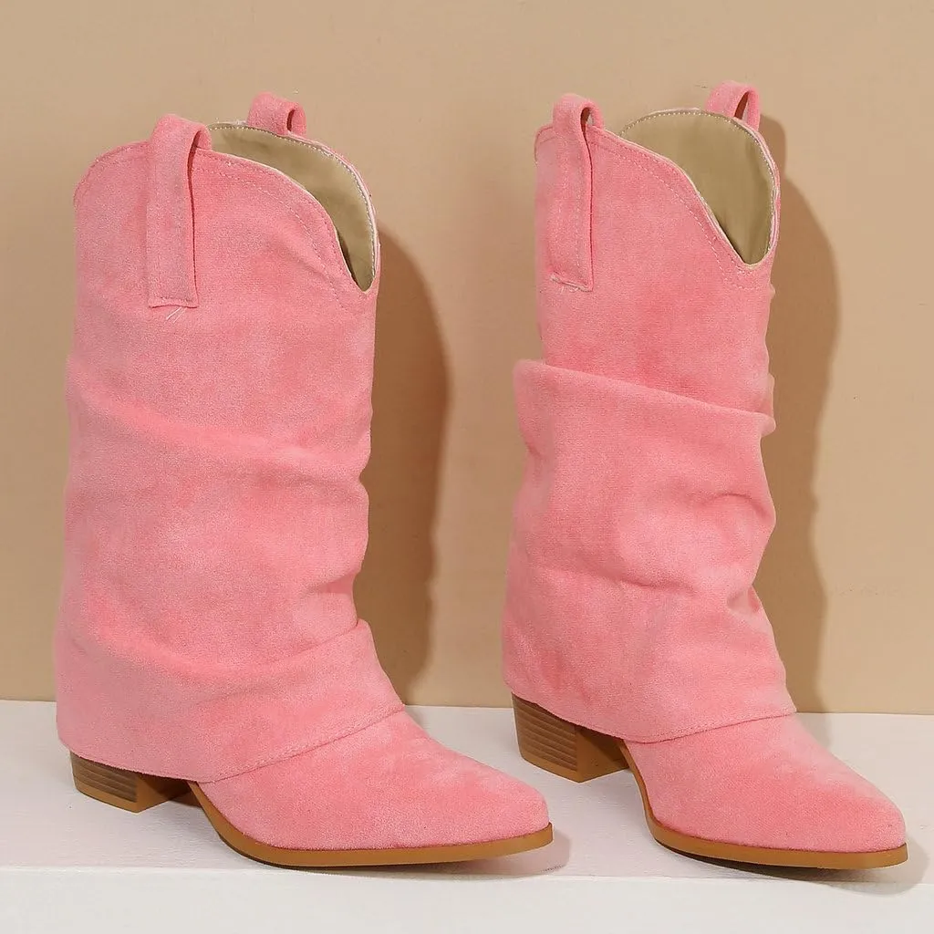 DINTAHA Suede Cowgirl Fold Over Boots Heeled Mid Calf Cowboy Boots For Women