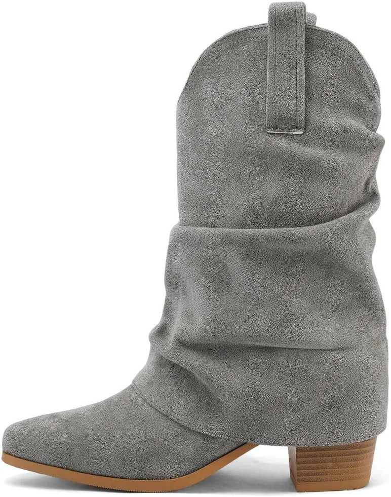 DINTAHA Suede Cowgirl Fold Over Boots Heeled Mid Calf Cowboy Boots For Women