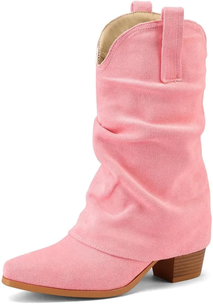 DINTAHA Suede Cowgirl Fold Over Boots Heeled Mid Calf Cowboy Boots For Women