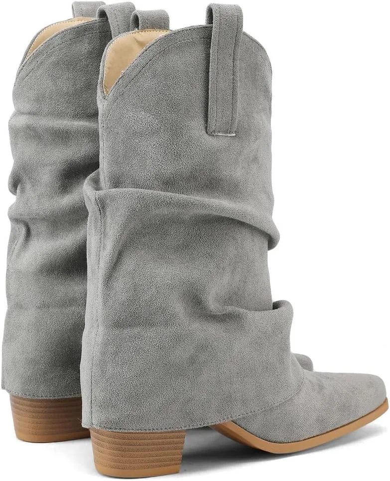 DINTAHA Suede Cowgirl Fold Over Boots Heeled Mid Calf Cowboy Boots For Women