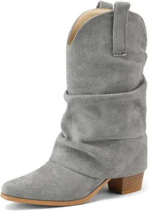 DINTAHA Suede Cowgirl Fold Over Boots Heeled Mid Calf Cowboy Boots For Women