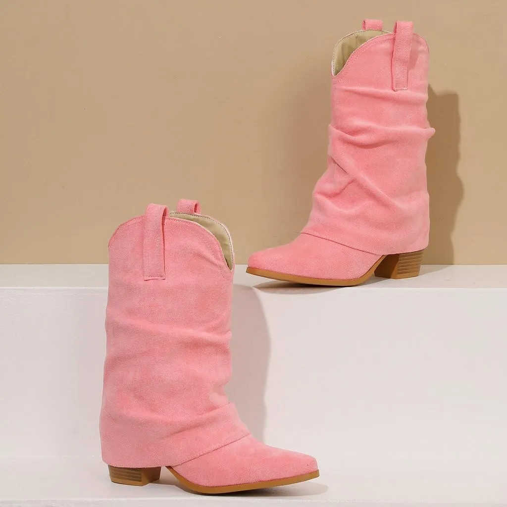 DINTAHA Suede Cowgirl Fold Over Boots Heeled Mid Calf Cowboy Boots For Women