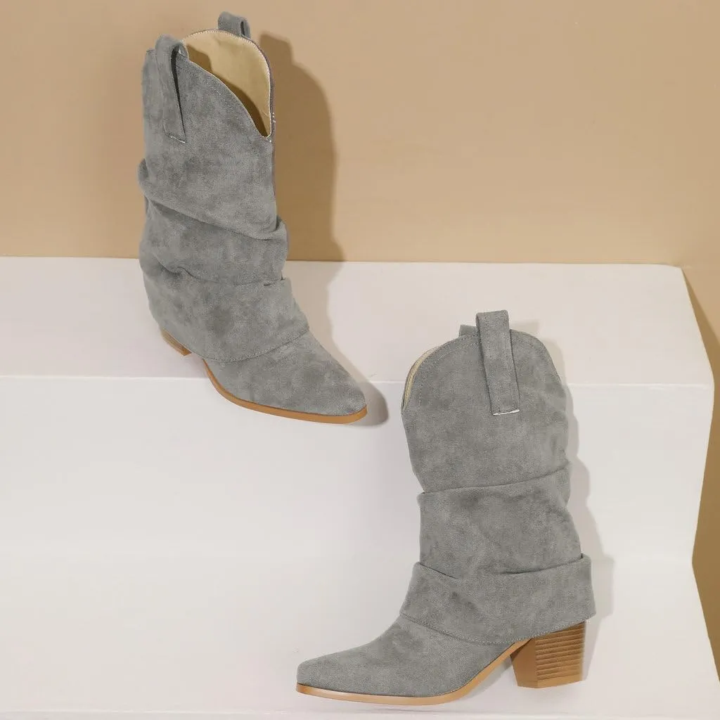 DINTAHA Suede Cowgirl Fold Over Boots Heeled Mid Calf Cowboy Boots For Women