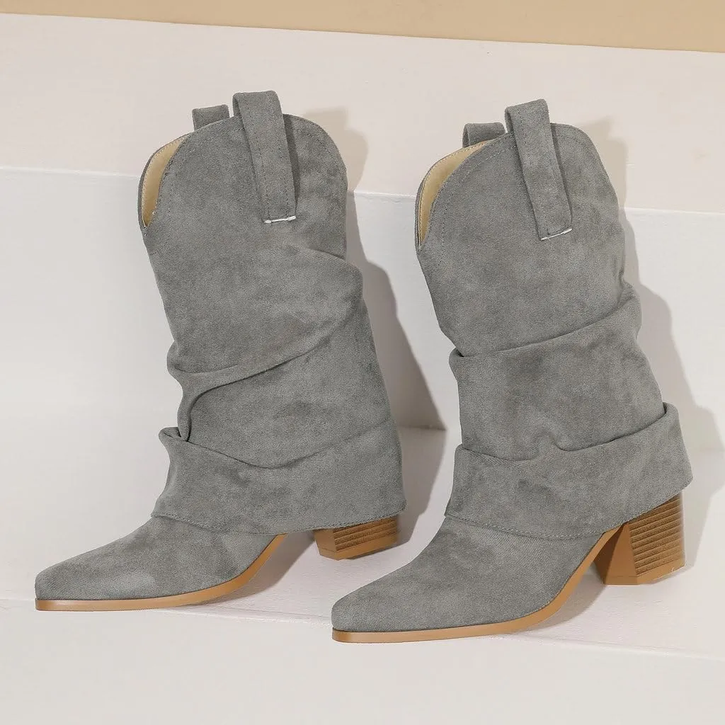 DINTAHA Suede Cowgirl Fold Over Boots Heeled Mid Calf Cowboy Boots For Women
