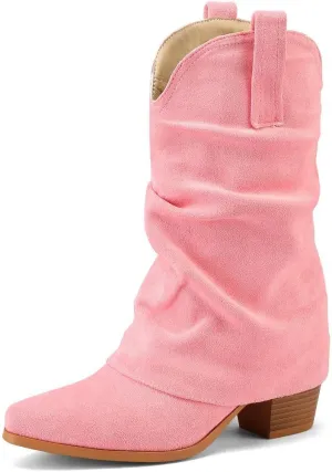 DINTAHA Suede Cowgirl Fold Over Boots Heeled Mid Calf Cowboy Boots For Women